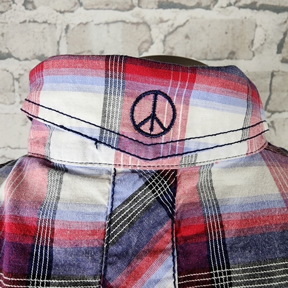 John Lennon for English Laundry Plaid Button Front Shirt Red Blue Size Large - Picture 10 of 14